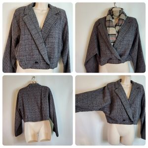 Cropped Plaid Blazer Jacket - Gray